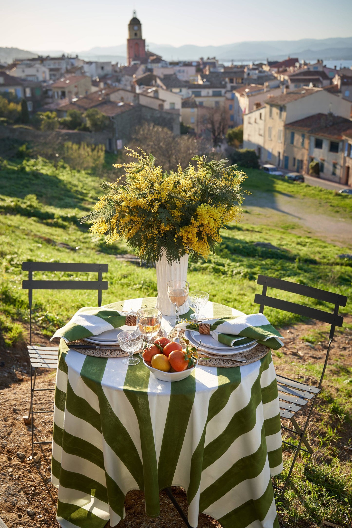 St. Tropez Vert Stripes | French Tablecloth: 71" x 71"