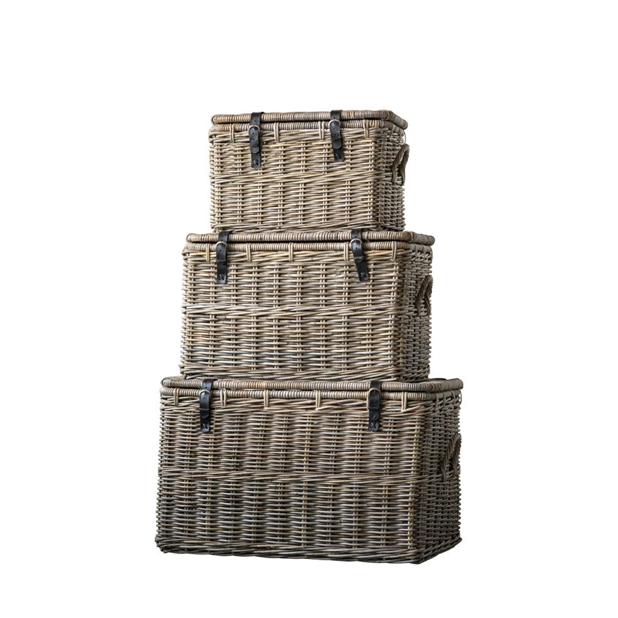 Rattan Basket with Lid and Leather Buckles -- Small