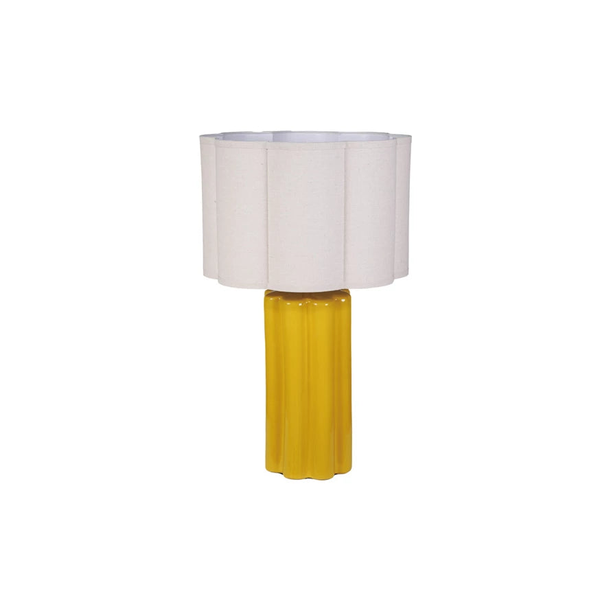 Stoneware Fluted Table Lamp with Scalloped Linen Shade & Swivel Neck -- Mustard Yellow